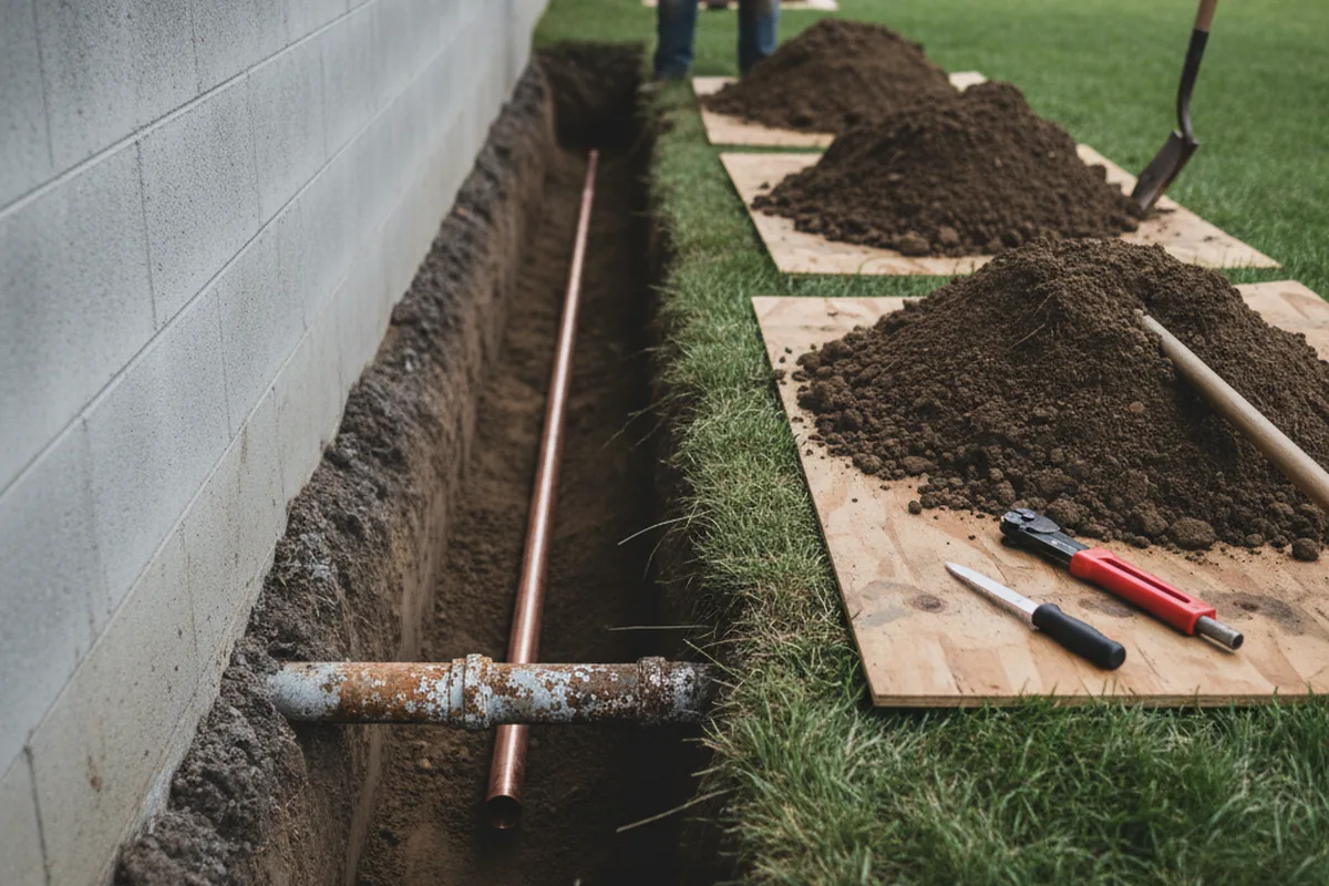 Excavated water line trench during Water Softener Installation in Barwick